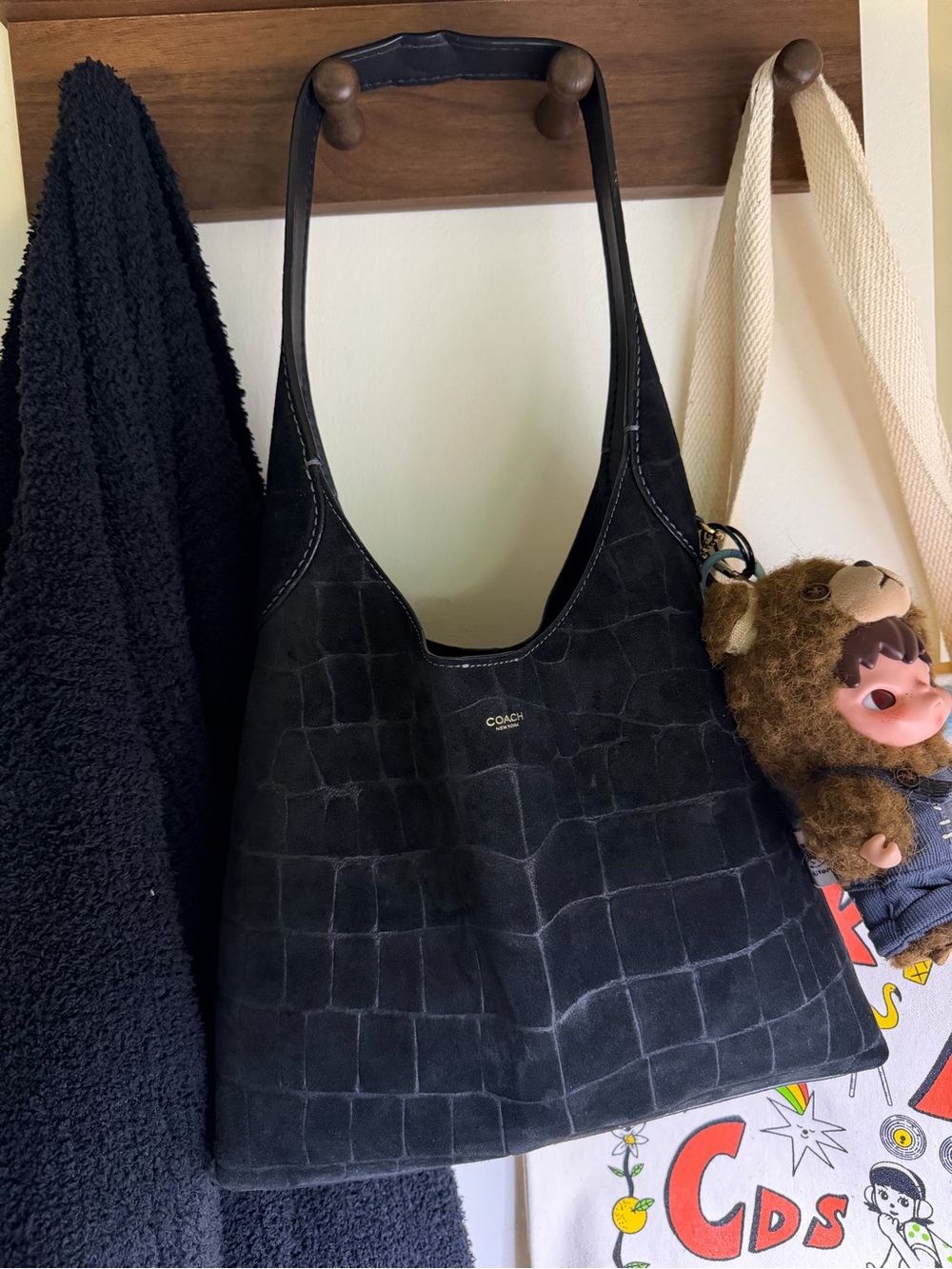 Coach Black Suede Croc-Embossed Shoulder Hobo